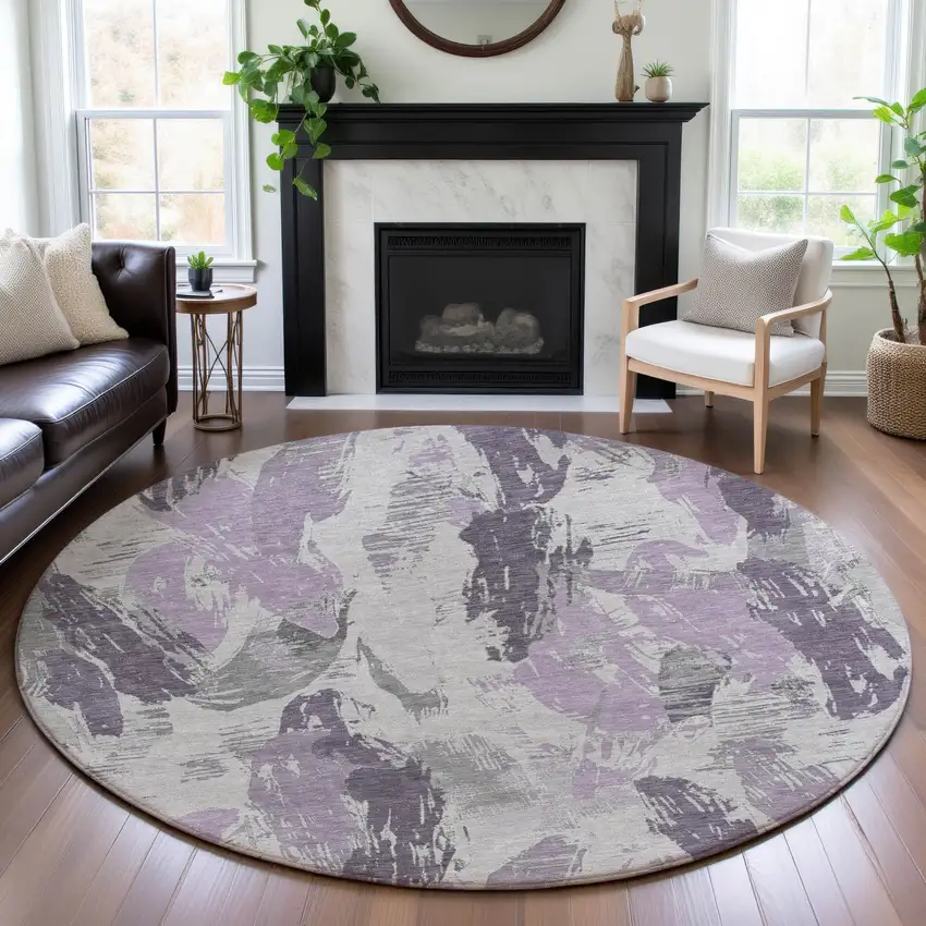 8' X 8' Lavender Ivory And Gray Abstract Washable Round Rug With UV Protection Photo 4