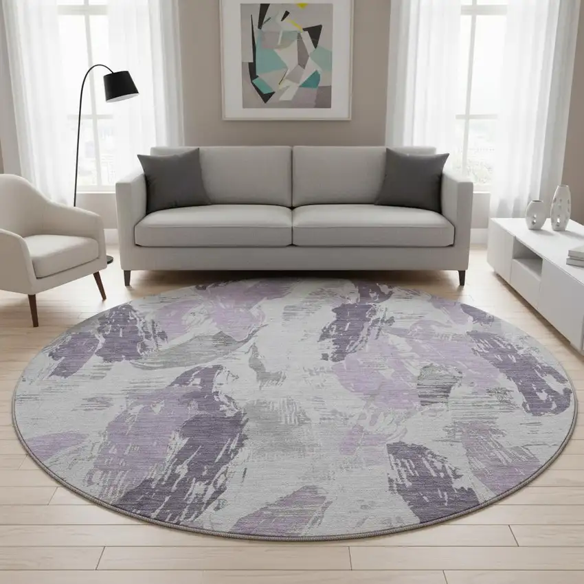8' X 8' Lavender Ivory And Gray Abstract Washable Round Rug With UV Protection Photo 2