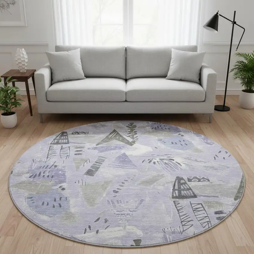 8' X 8' Lavender Ivory And Gray Geometric Washable Round Rug With UV Protection Photo 2