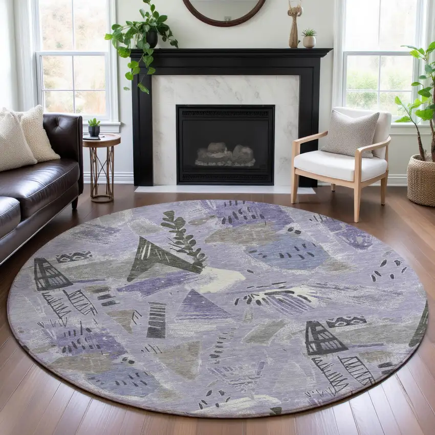 8' X 8' Lavender Ivory And Gray Geometric Washable Round Rug With UV Protection Photo 4