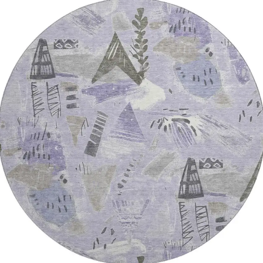 8' X 8' Lavender Ivory And Gray Geometric Washable Round Rug With UV Protection Photo 2