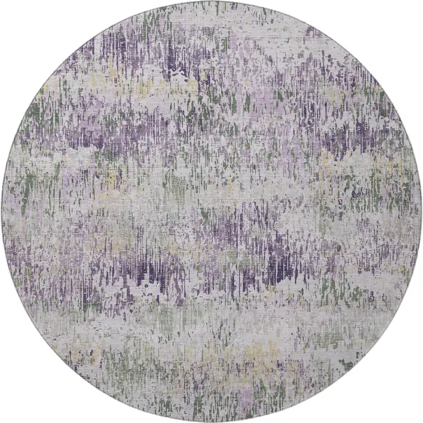 8' X 8' Lavender Ivory And Green Striped Washable Round Rug With UV Protection Photo 2