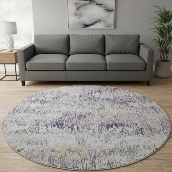 8' X 8' Lavender Ivory And Green Striped Washable Round Rug With UV Protection Photo 2