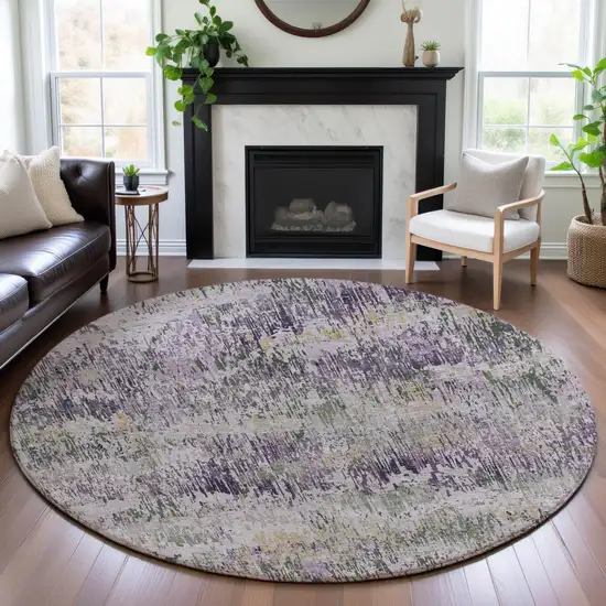 8' X 8' Lavender Ivory And Green Striped Washable Round Rug With UV Protection Photo 3