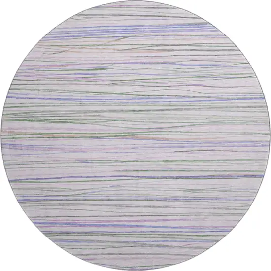 8' X 8' Lavender Ivory And Green Striped Washable Round Rug With UV Protection Photo 1