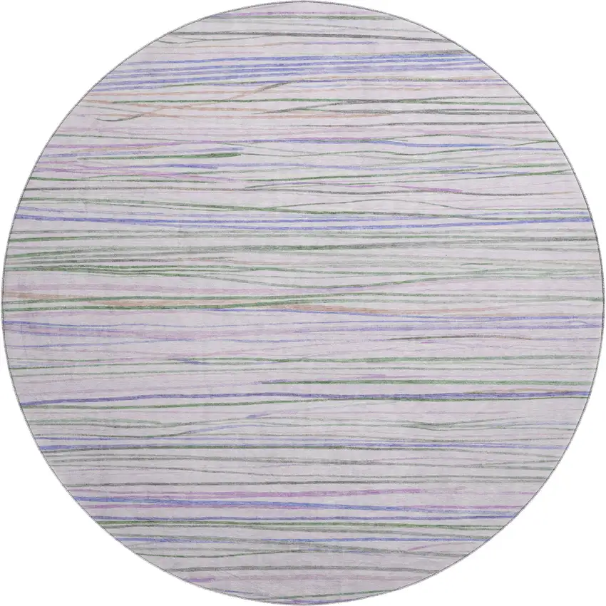 8' X 8' Lavender Ivory And Green Striped Washable Round Rug With UV Protection Photo 1