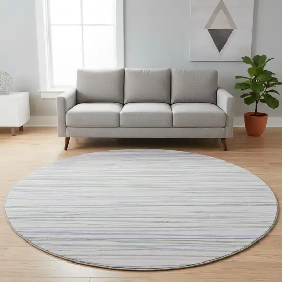8' X 8' Lavender Ivory And Green Striped Washable Round Rug With UV Protection Photo 2