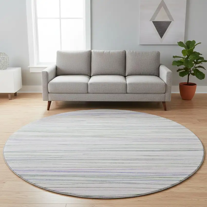 8' X 8' Lavender Ivory And Green Striped Washable Round Rug With UV Protection Photo 2