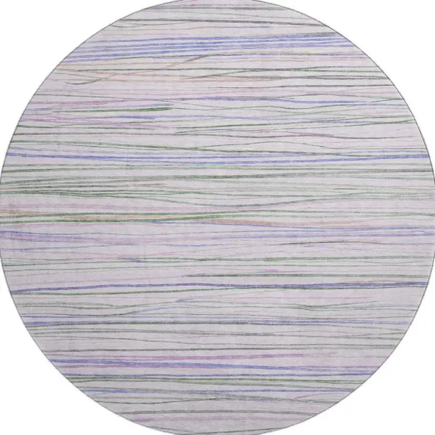 8' X 8' Lavender Ivory And Green Striped Washable Round Rug With UV Protection Photo 3