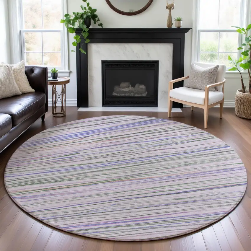 8' X 8' Lavender Ivory And Green Striped Washable Round Rug With UV Protection Photo 4