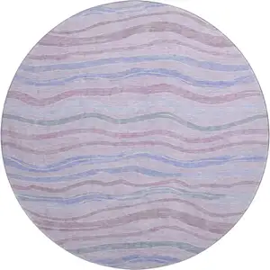 Photo of 8' X 8' Lavender Ivory And Lilac Striped Washable Round Rug With UV Protection