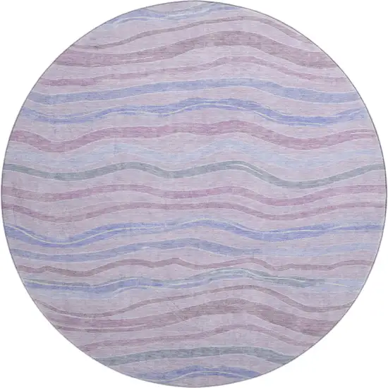 8' X 8' Lavender Ivory And Lilac Striped Washable Round Rug With UV Protection Photo 1