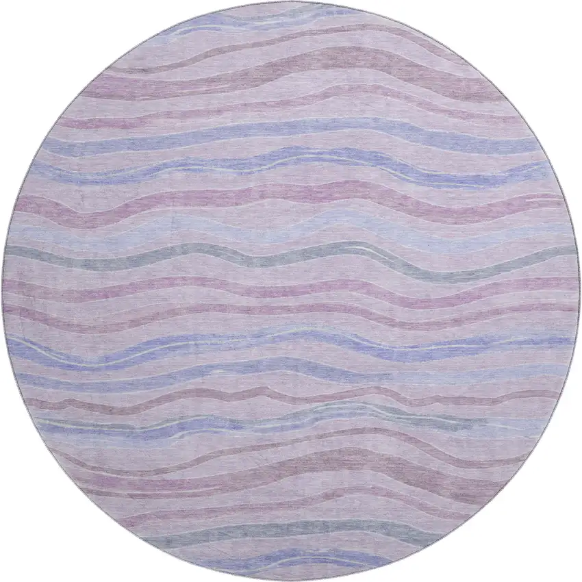 8' X 8' Lavender Ivory And Lilac Striped Washable Round Rug With UV Protection Photo 1
