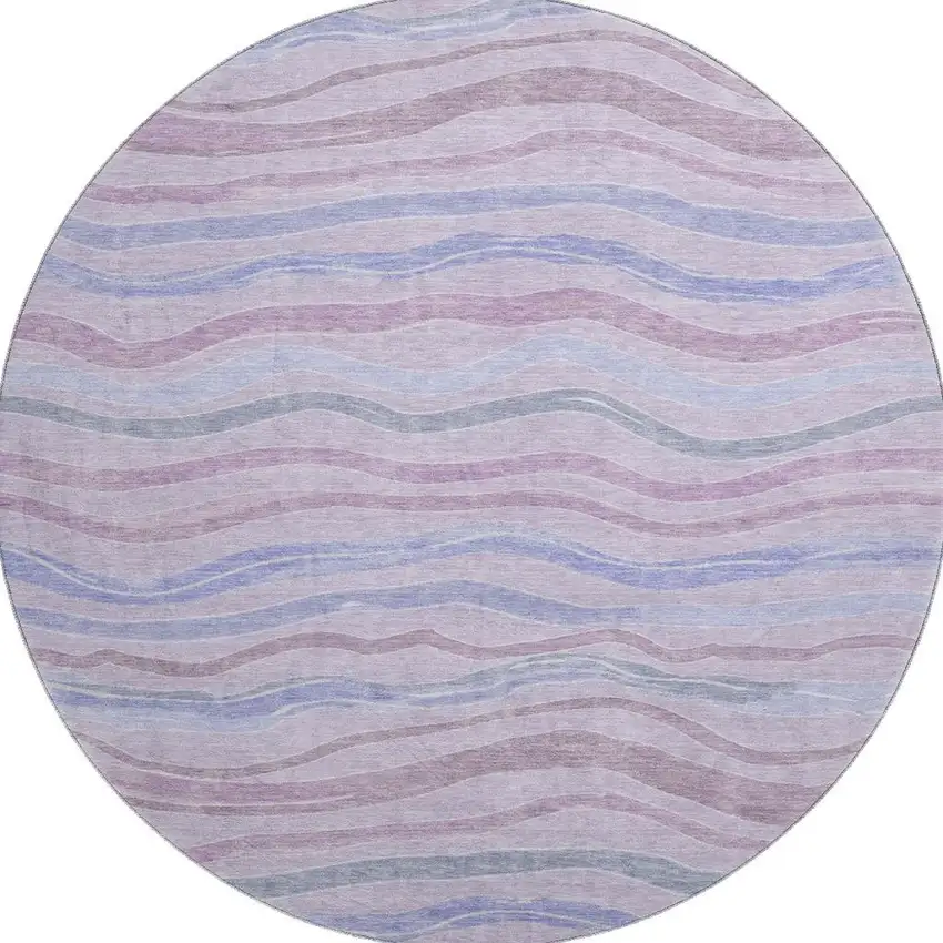 8' X 8' Lavender Ivory And Lilac Striped Washable Round Rug With UV Protection Photo 3