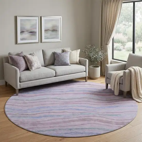 8' X 8' Lavender Ivory And Lilac Striped Washable Round Rug With UV Protection Photo 1