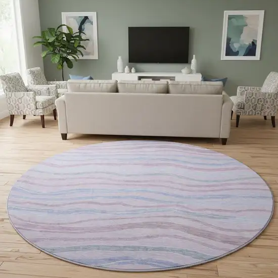 8' X 8' Lavender Ivory And Lilac Striped Washable Round Rug With UV Protection Photo 2