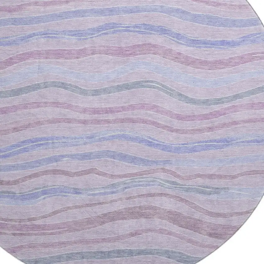 8' X 8' Lavender Ivory And Lilac Striped Washable Round Rug With UV Protection Photo 2