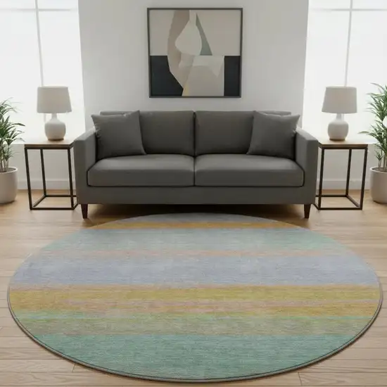 8' X 8' Lavender Orange And Teal Striped Washable Round Rug With UV Protection Photo 2