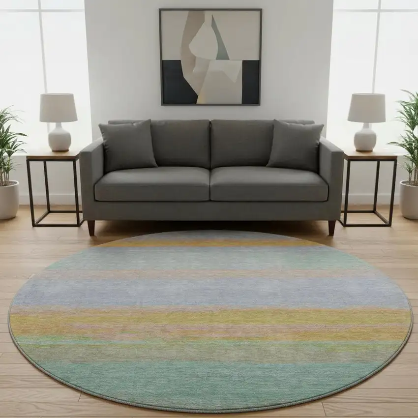 8' X 8' Lavender Orange And Teal Striped Washable Round Rug With UV Protection Photo 2