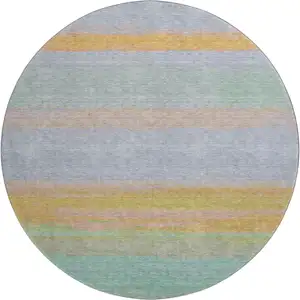 Photo of 8' X 8' Lavender Orange And Teal Striped Washable Round Rug With UV Protection