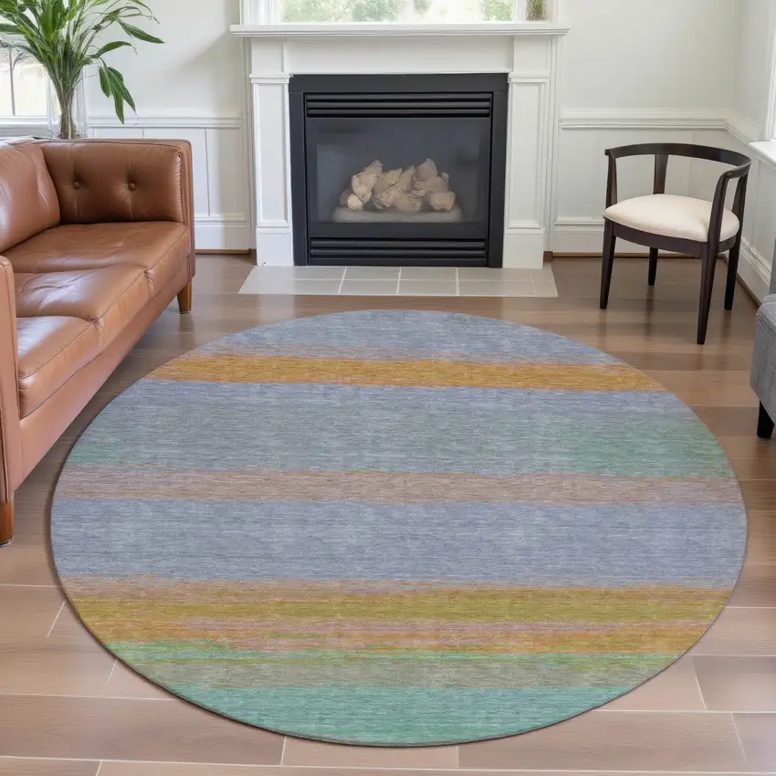 8' X 8' Lavender Orange And Teal Striped Washable Round Rug With UV Protection Photo 4