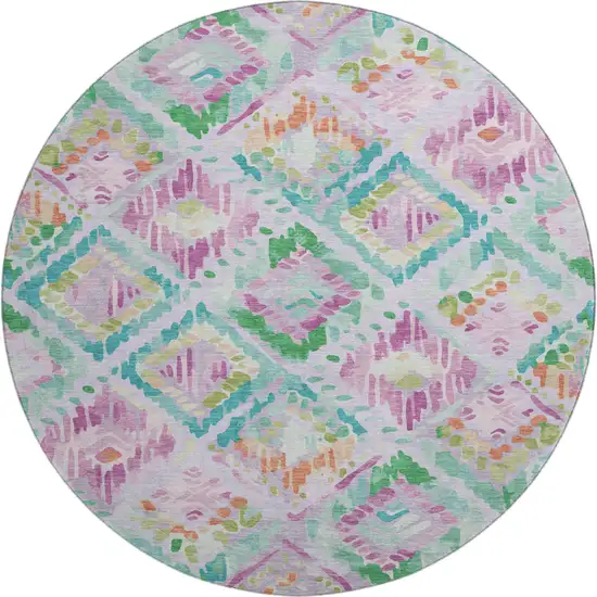 8' X 8' Lavender Teal And Orange Geometric Washable Round Rug With UV Protection Photo 1