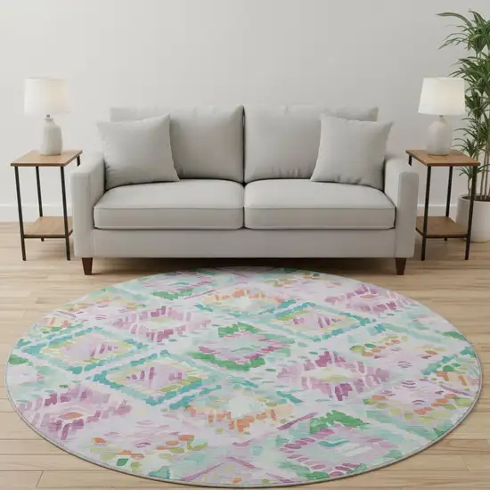 8' X 8' Lavender Teal And Orange Geometric Washable Round Rug With UV Protection Photo 2