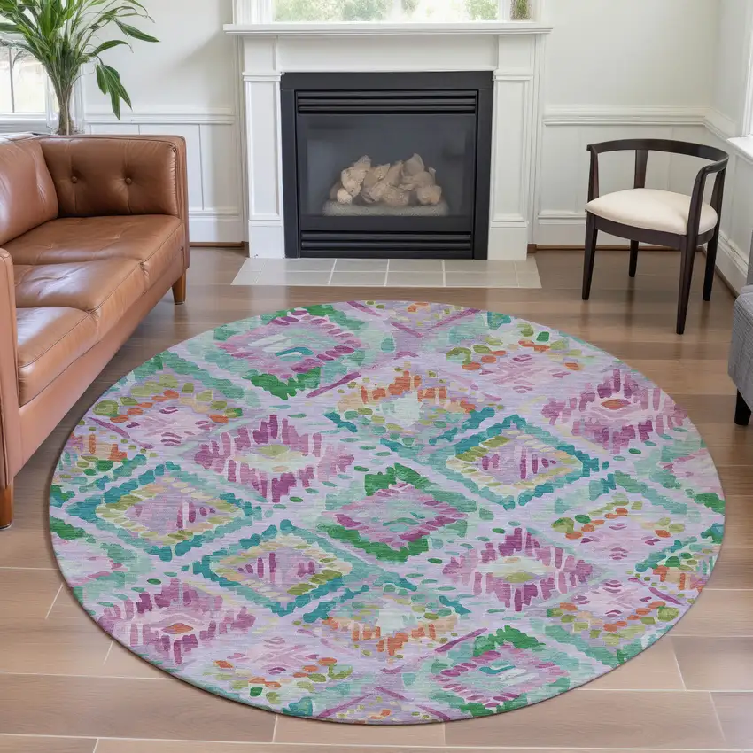 8' X 8' Lavender Teal And Orange Geometric Washable Round Rug With UV Protection Photo 4