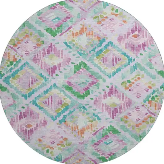 8' X 8' Lavender Teal And Orange Geometric Washable Round Rug With UV Protection Photo 3