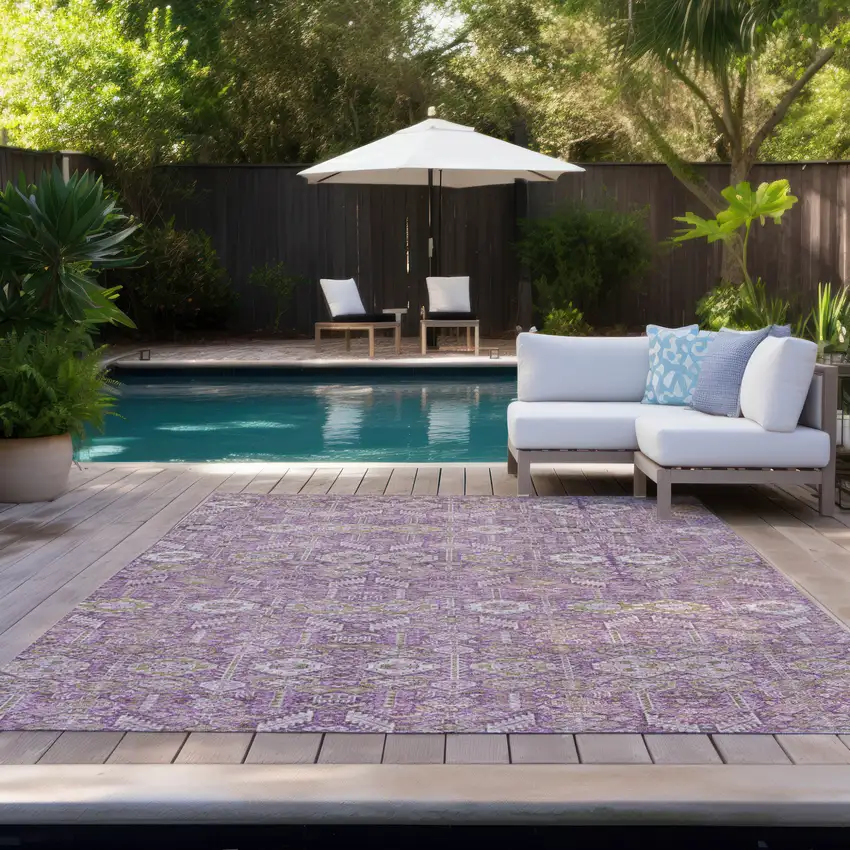 3' X 5' Lavender and Ivory Floral Washable Non Skid Indoor Outdoor Area Rug Photo 9