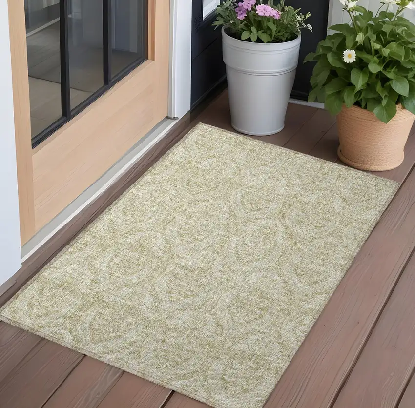3' X 4' Light Green Damask Washable Non Skid Indoor Outdoor Area Rug Photo 1
