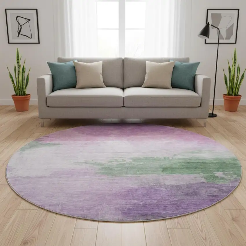 8' X 8' Lilac Green And Pink Abstract Washable Round Rug With UV Protection Photo 2