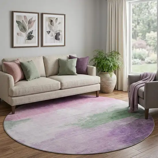 8' X 8' Lilac Green And Pink Abstract Washable Round Rug With UV Protection Photo 1
