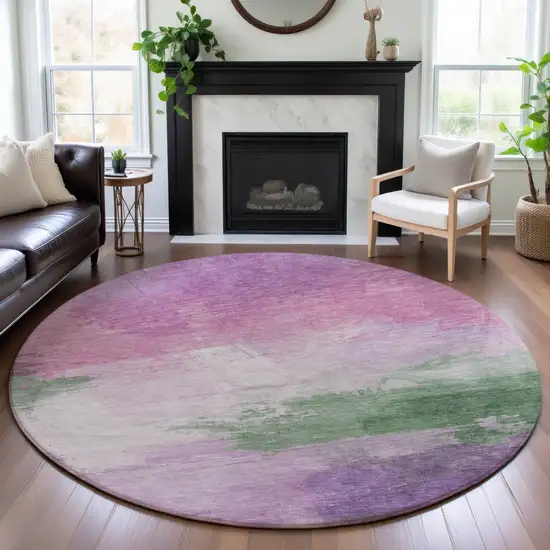 8' X 8' Lilac Green And Pink Abstract Washable Round Rug With UV Protection Photo 4