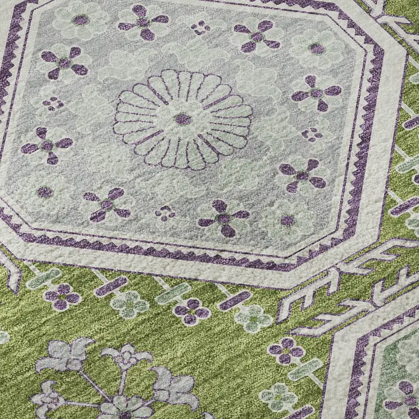 8' X 8' Lime Green Ivory And Purple Floral Washable Round Rug With UV Protection Photo 7
