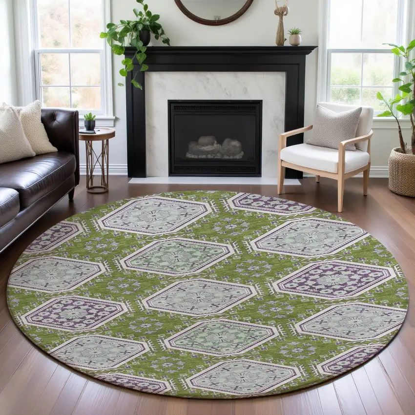 8' X 8' Lime Green Ivory And Purple Floral Washable Round Rug With UV Protection Photo 3
