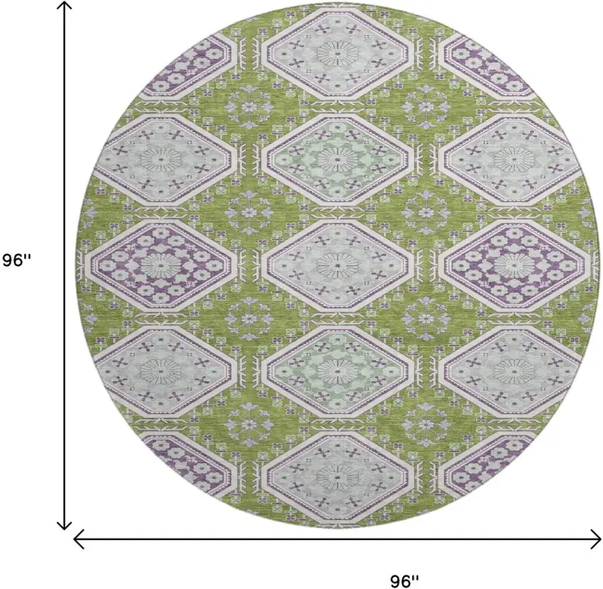 8' X 8' Lime Green Ivory And Purple Floral Washable Round Rug With UV Protection Photo 8