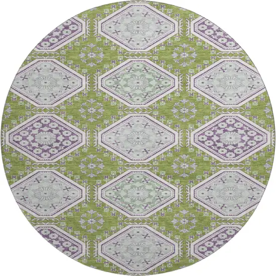 8' X 8' Lime Green Ivory And Purple Floral Washable Round Rug With UV Protection Photo 1