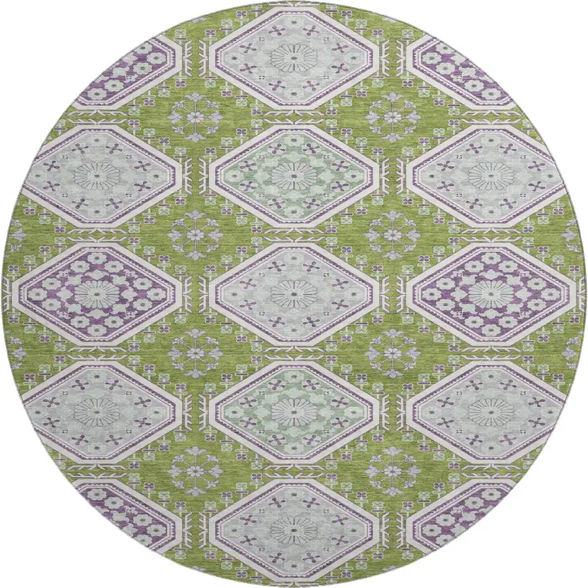 8' X 8' Lime Green Ivory And Purple Floral Washable Round Rug With UV Protection Photo 1