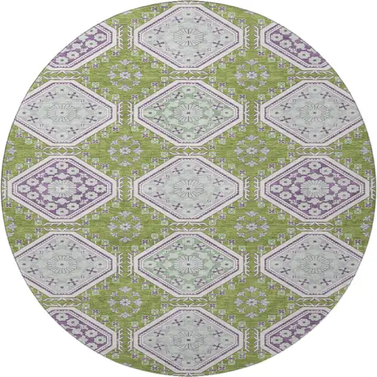8' X 8' Lime Green Ivory And Purple Floral Washable Round Rug With UV Protection Photo 2