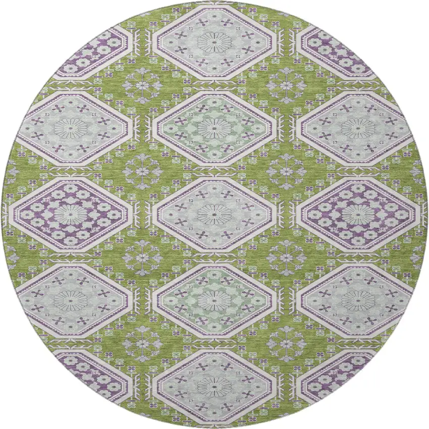 8' X 8' Lime Green Ivory And Purple Floral Washable Round Rug With UV Protection Photo 2