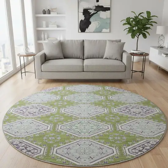 8' X 8' Lime Green Ivory And Purple Floral Washable Round Rug With UV Protection Photo 2