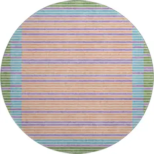 Photo of 8' X 8' Lime Green Peach Teal And Purple Striped Washable Round Rug With UV Protection
