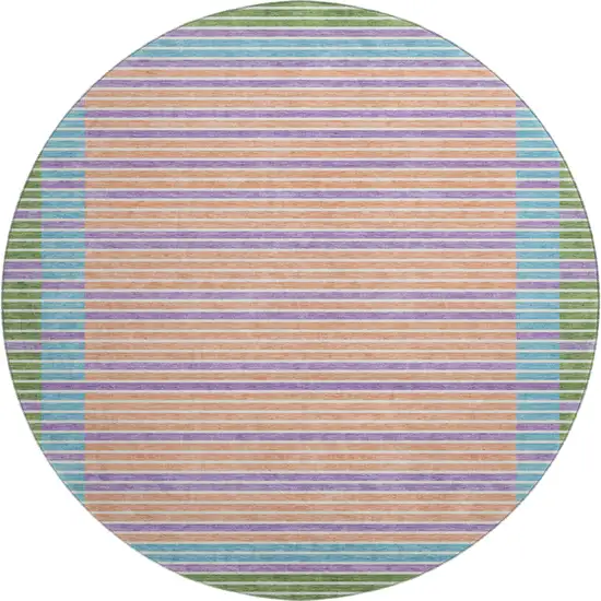 8' X 8' Lime Green Peach Teal And Purple Striped Washable Round Rug With UV Protection Photo 1