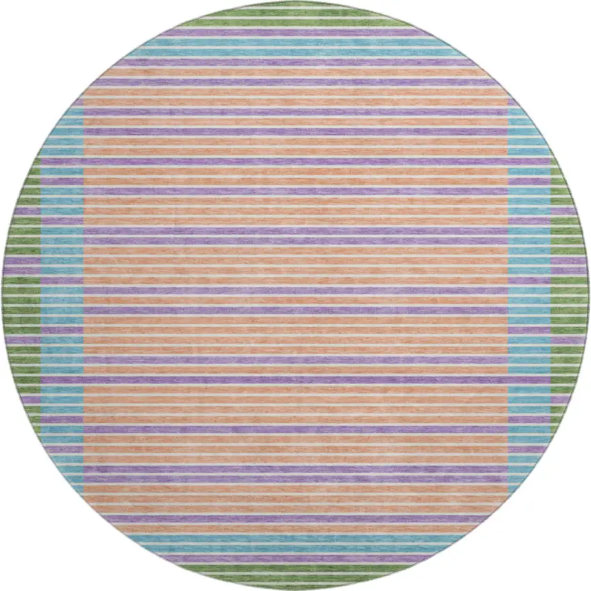 8' X 8' Lime Green Peach Teal And Purple Striped Washable Round Rug With UV Protection Photo 1