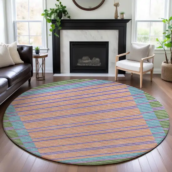 8' X 8' Lime Green Peach Teal And Purple Striped Washable Round Rug With UV Protection Photo 4