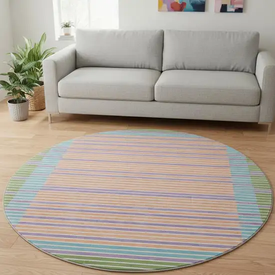 8' X 8' Lime Green Peach Teal And Purple Striped Washable Round Rug With UV Protection Photo 2