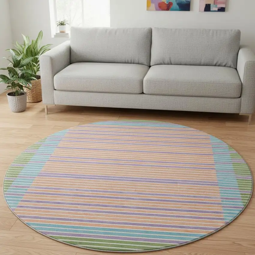 8' X 8' Lime Green Peach Teal And Purple Striped Washable Round Rug With UV Protection Photo 2