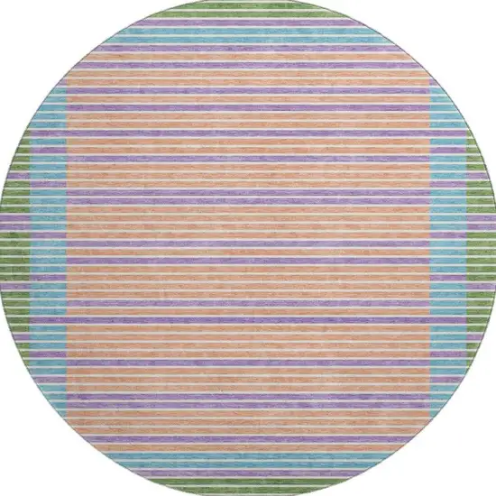 8' X 8' Lime Green Peach Teal And Purple Striped Washable Round Rug With UV Protection Photo 3