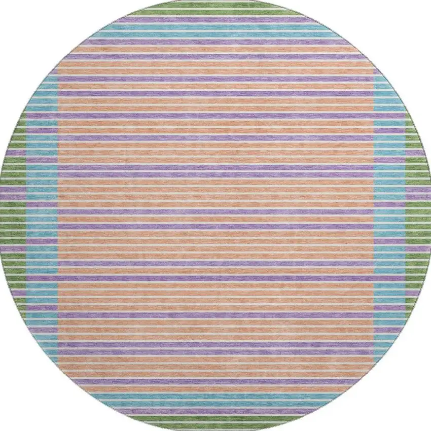 8' X 8' Lime Green Peach Teal And Purple Striped Washable Round Rug With UV Protection Photo 3